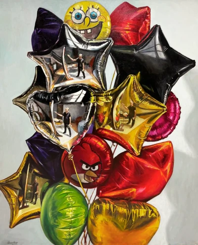 Four self-portraits in a bunch of balloons