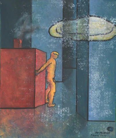 Hombre arrastrando casa